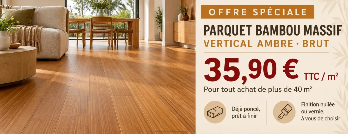Offre spéciale : parquet bambou massif vertical ambre brut à 35,90 € TTC le m² pour tout achat de plus de 40 m²